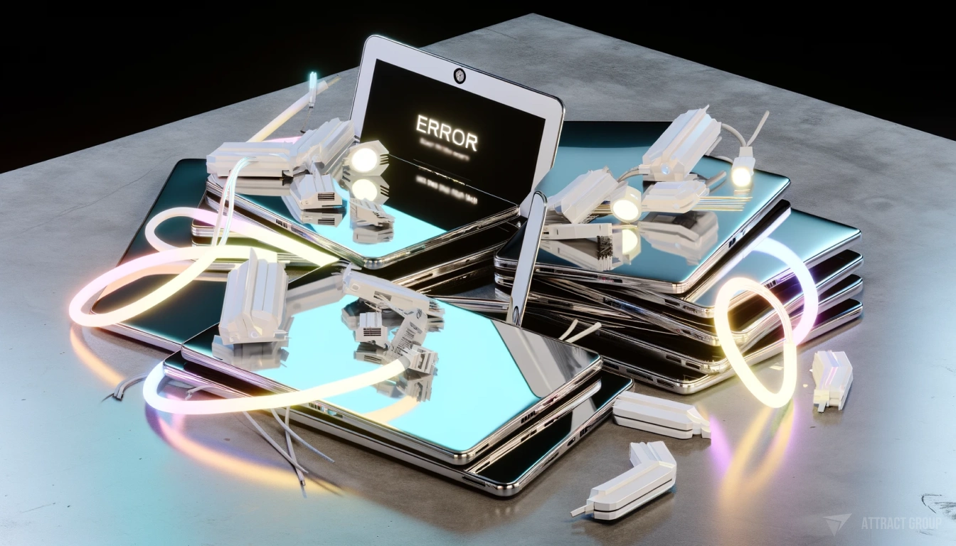 A futuristic image showing a pile of shiny MacBooks with an 'error' message displayed on their screens. 