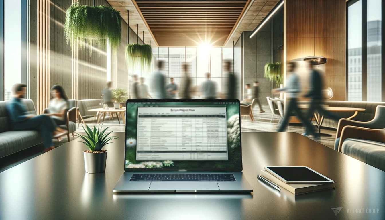 A laptop on a matte table with a scrum project plan on its screen. The setting is a modern office with a motion-blurred background of workers, busy environment. 