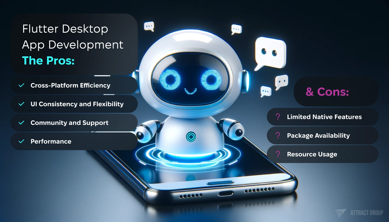 Flutter Desktop App Development: The Pros & Cons.  
A friendly-looking robot character emerging from a smartphone screen. 
