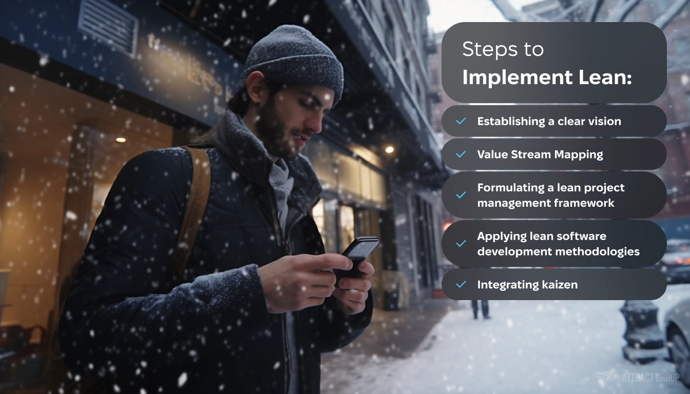 Steps to Implement Lean checklist. Man with smartphone in the street. 