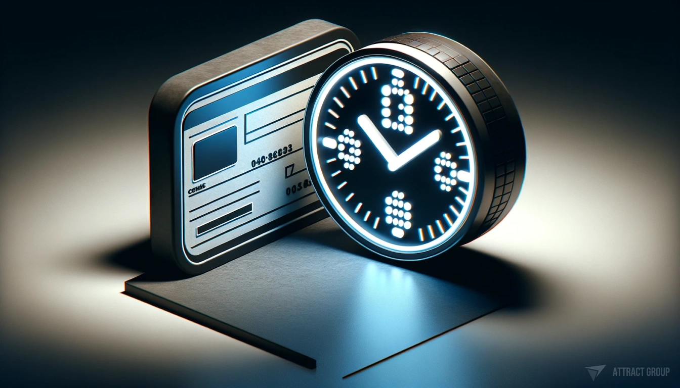 a modern, 3D-rendered icon of a bank check next to a digital clock.