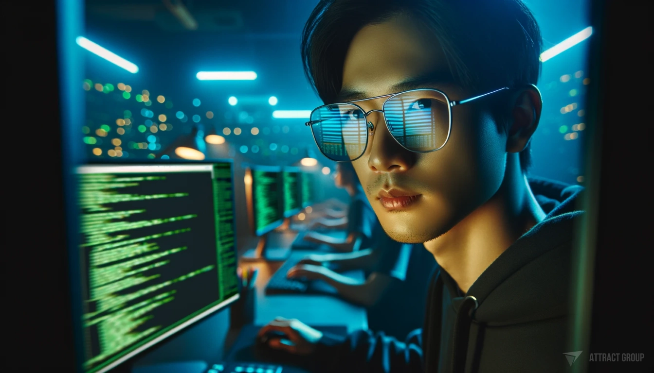 A close-up portrait of an hacker wearing shiny glasses, focused on a computer monitor displaying code. 