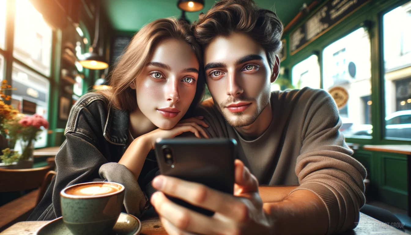 Two friends sharing a moment, looking at a smartphone in a café. 
