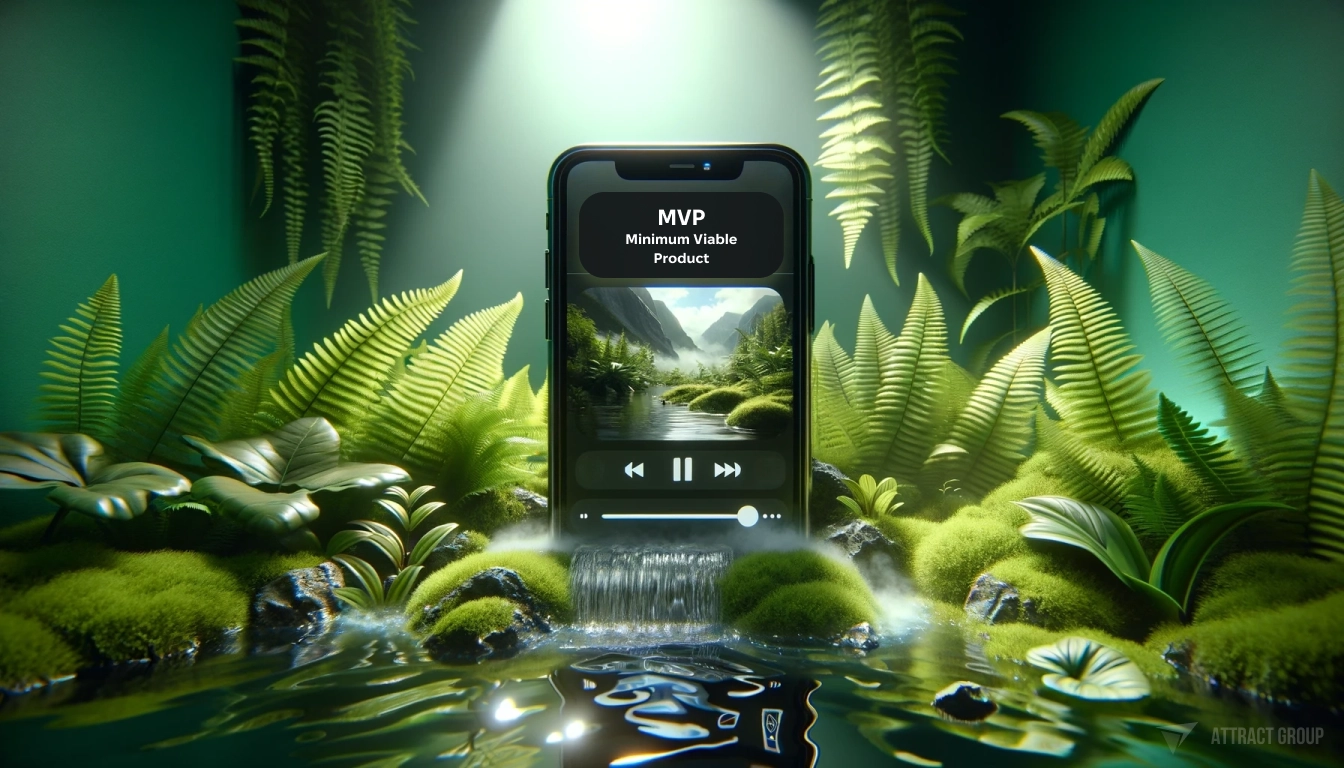An iPhone displaying a video app, situated on water surrounded by mossy ferns.