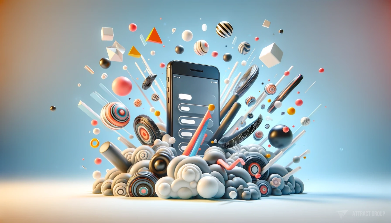 A whimsical 3D abstract motion graphic scene featuring a smartphone displaying a modern app on its screen, floating in space.