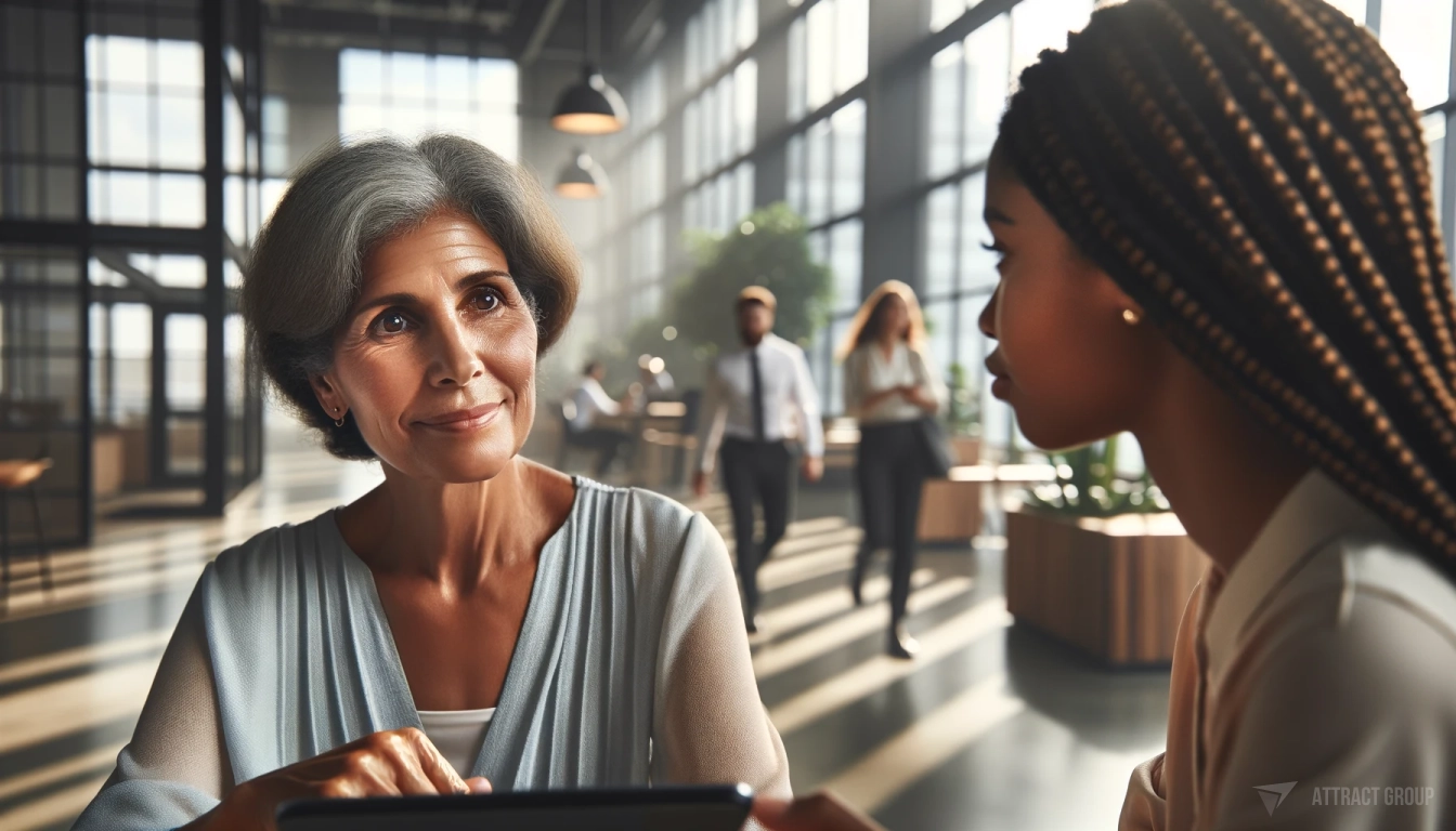 A motion-blurred modern office with workers. Conversation with a woman who has braids.