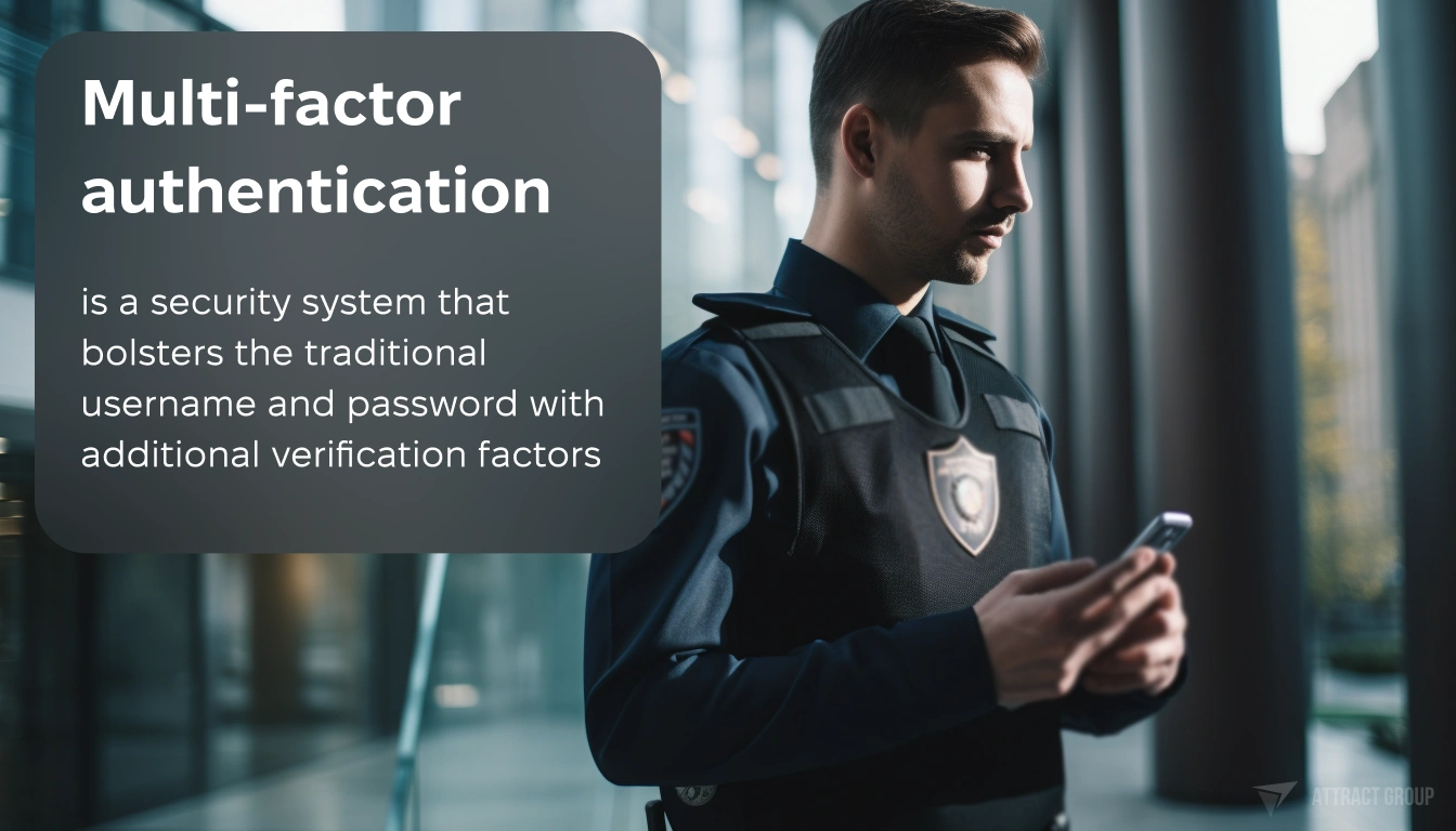 Understanding the Basics of Multi-Factor Authentication. Multifactor authentication is a security system. Bank security in uniform held a smartphone. 