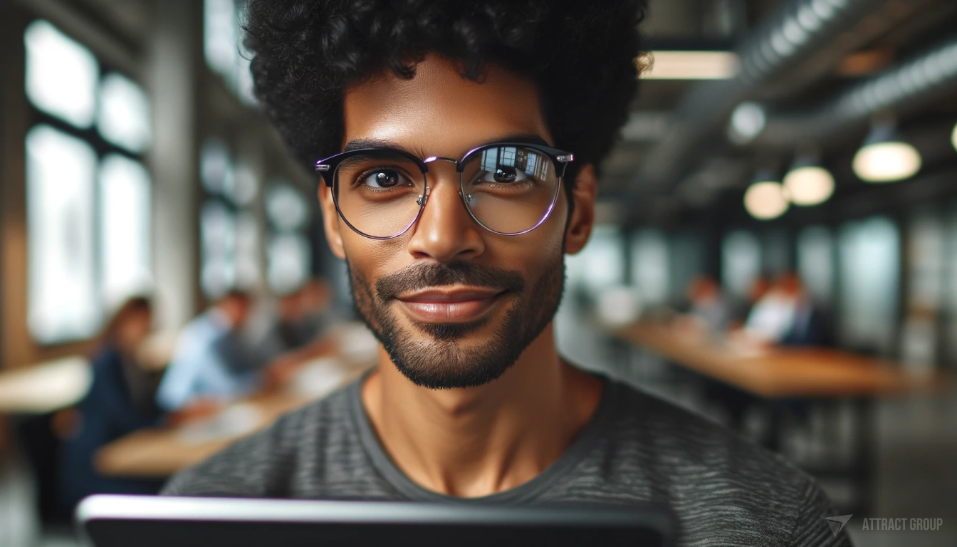 The man is in a modern office environment, focused on his tablet