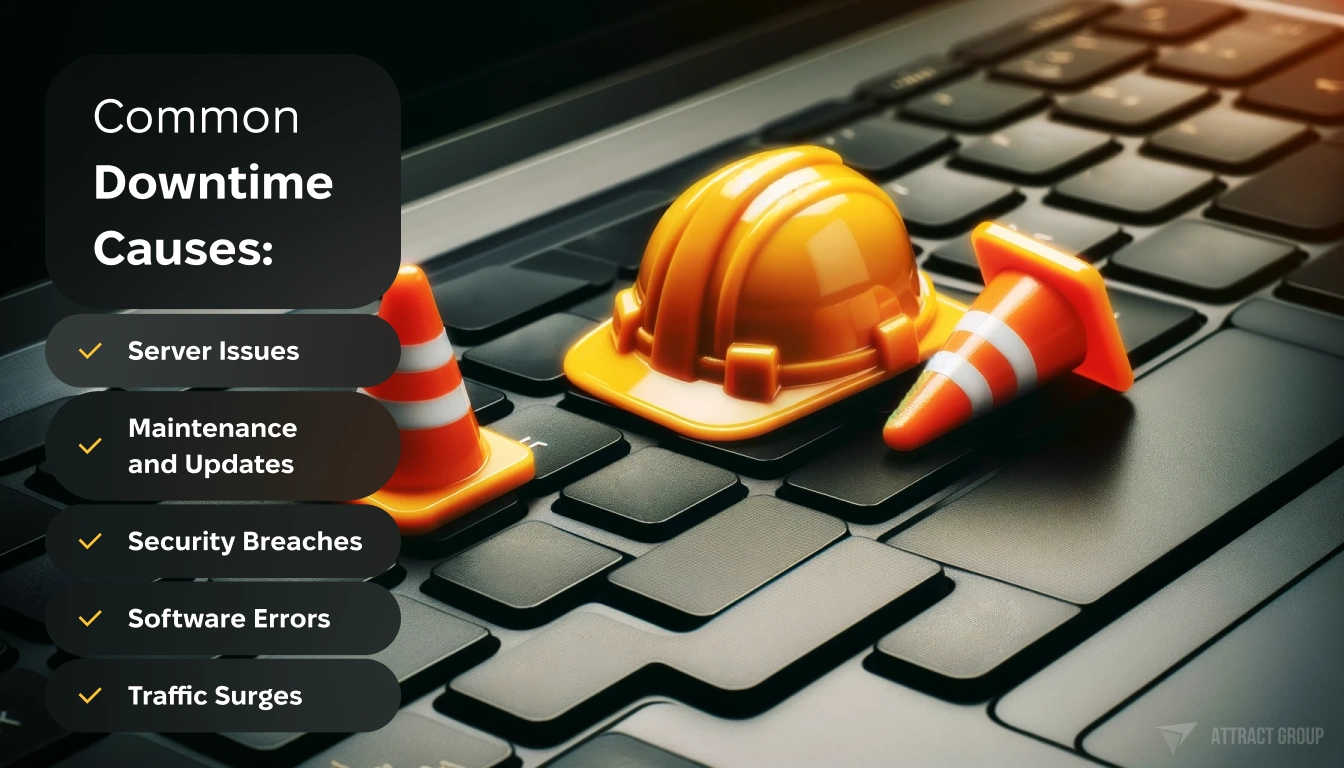 Common downtime causes list. A close-up view of a black laptop keyboard, with several miniature orange and white traffic cones and a yellow construction hard hat placed on top of the keys. 