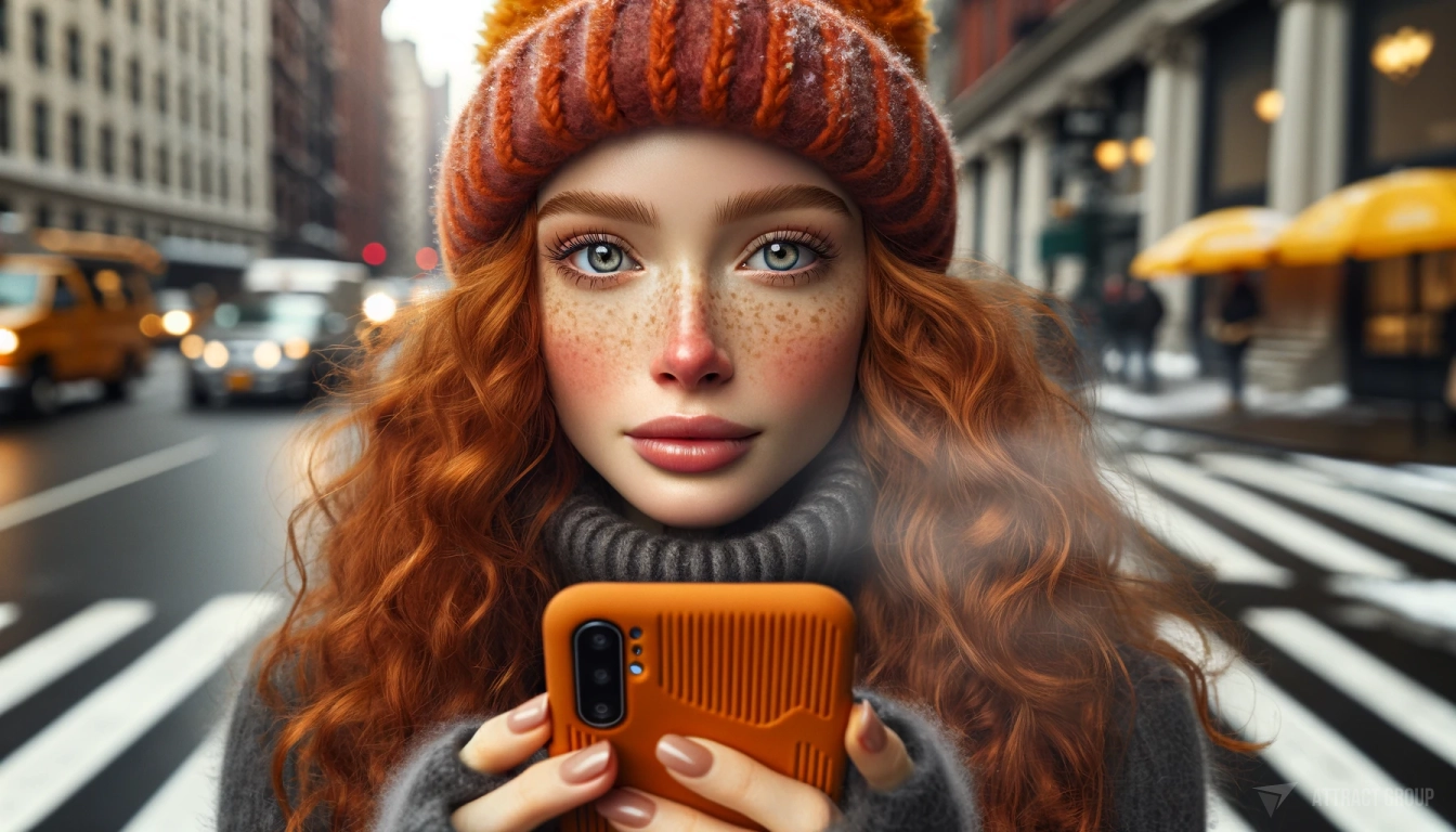 Red haired girl with smartphone