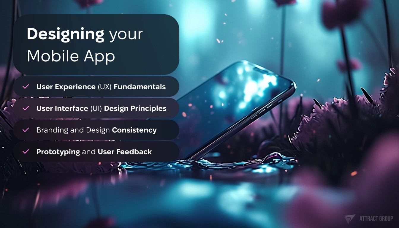 Designing Your Mobile App Checklist. Smartphone in the flowers on the background. 