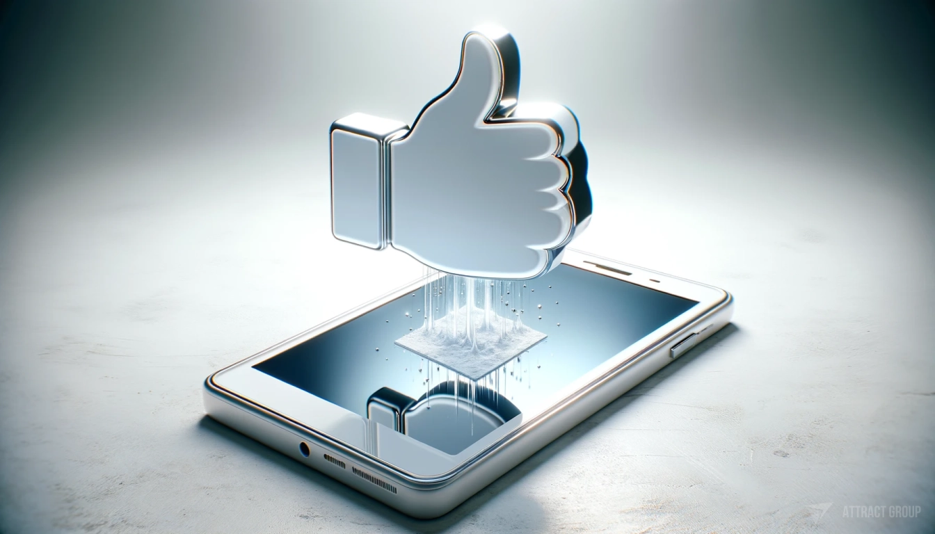 a cybernetic white shiny plastic 'Like' icon evolving from the screen of a white shiny plastic smartphone