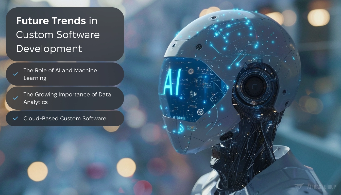 Future Trends in Custom Software Development checklist. AI cyborg on the background. 
