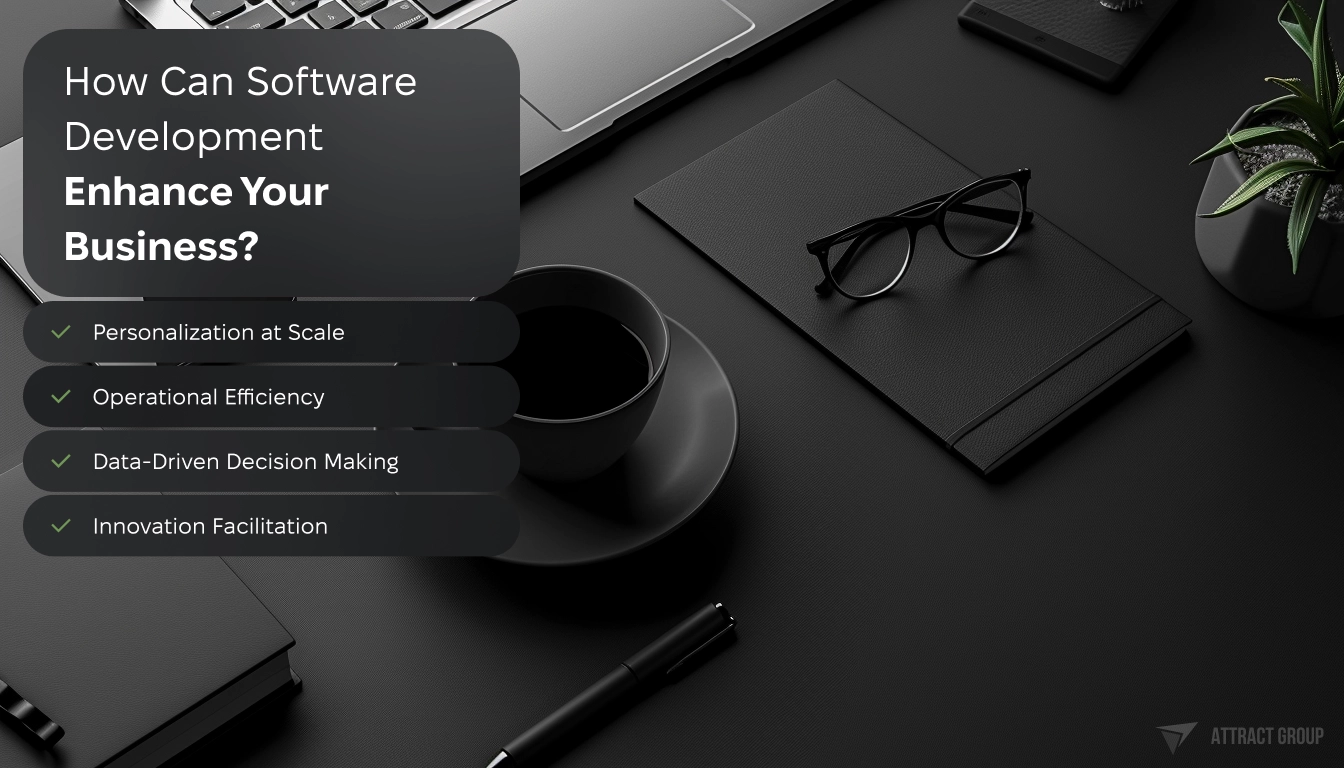 How Can Software Development Enhance Your Business. List. Black table with cup, laptop, glasses on it. 