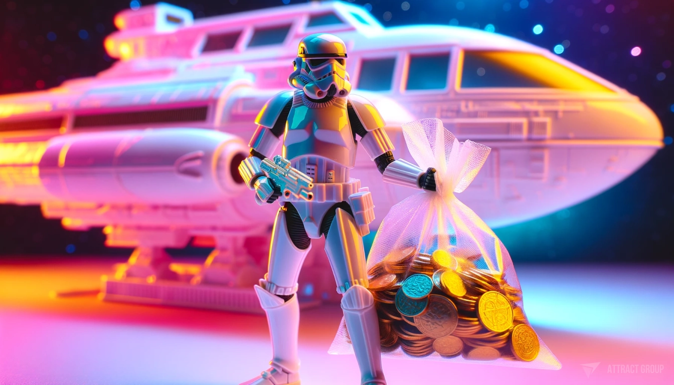 A white plastic shiny trooper holding a transparent plastic bag filled with golden coins, standing in front of a futuristic white plastic spaceship. 