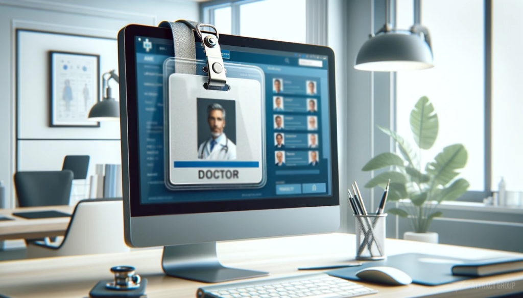 A badge with a photo of a doctor hanging on the edge of a computer monitor. 