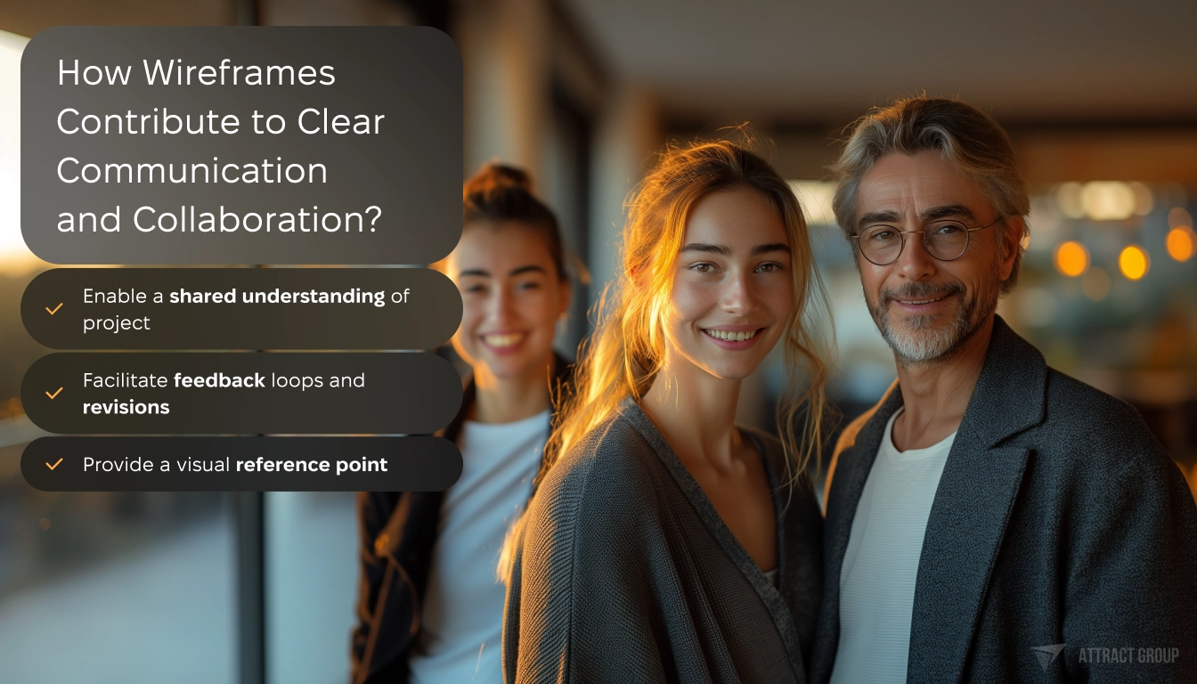 How Wireframes Contribute to Clear Communication and Collaboration points list. Team in the modern office 