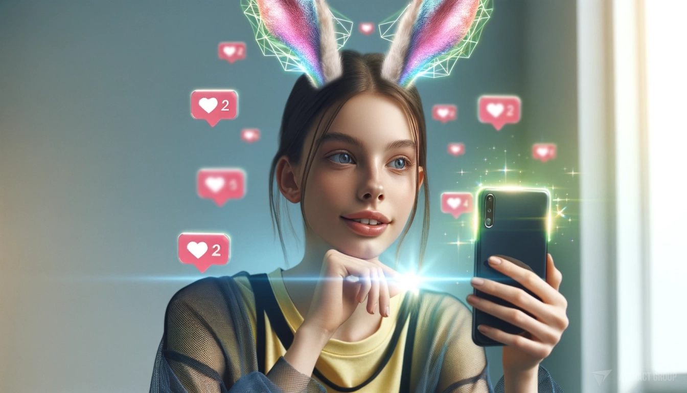 A young girl using a smartphone with a filter app that adds rabbit ears to her image, along with holographic likes and hearts floating around her.