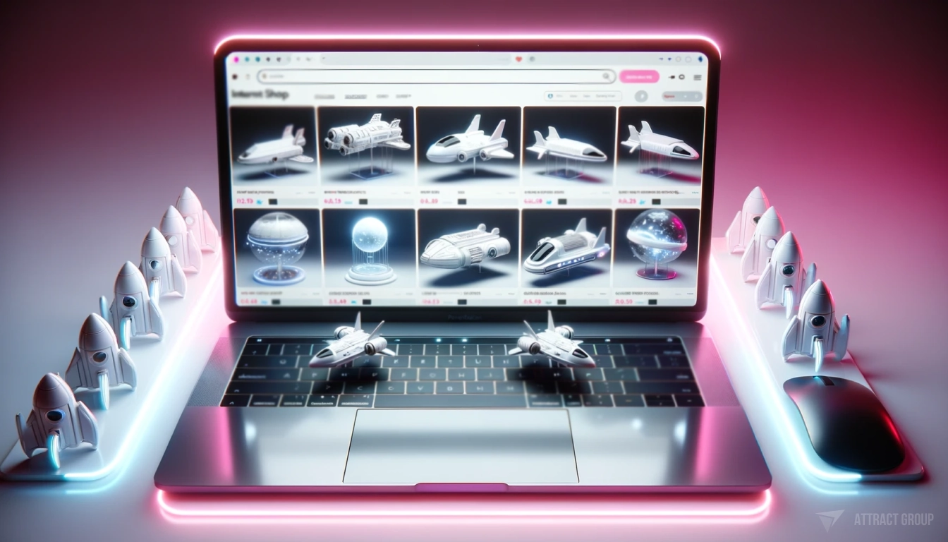 An MacBook with an internet shop displayed on its screen, featuring a collection of different modern white plastic spaceships for sale.