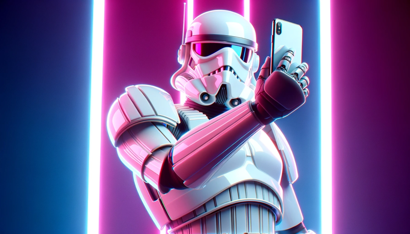 A white plastic shiny trooper, taking a selfie with a smartphone