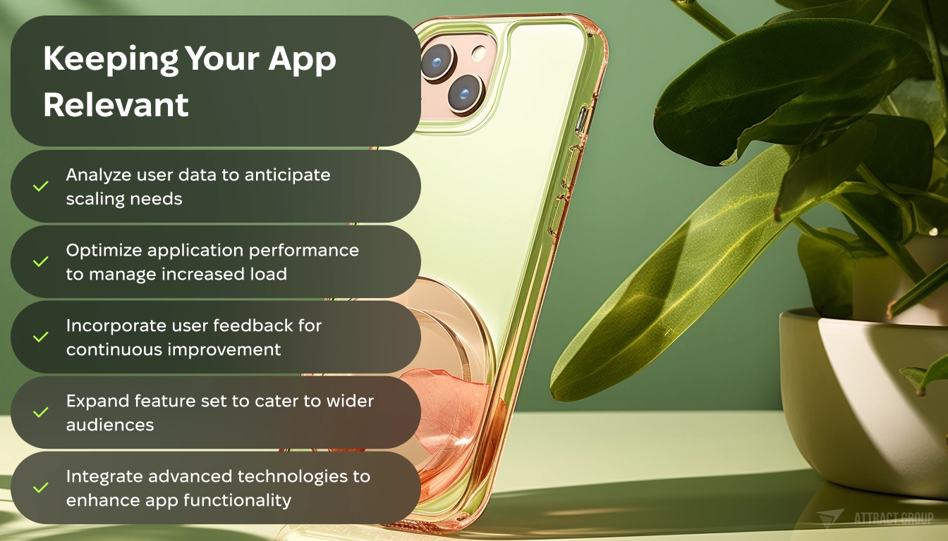 Keeping Your App Relevant checklist. Smartphone with the green plant on the background. 