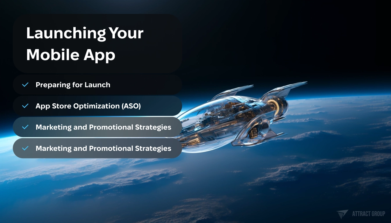 Launching Your Mobile App checklist. Spaceship in the space. 