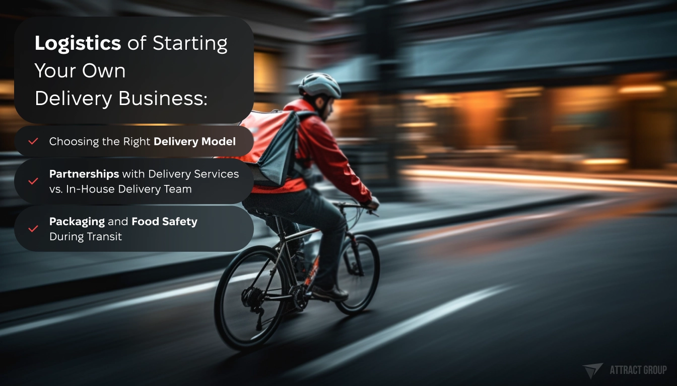 Logistics of Starting Your Own Delivery Business checklist. Bike delivery person on the street. 