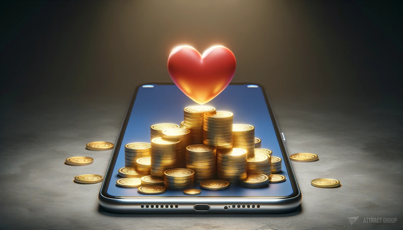 A heart emoji situated atop a mountain of golden coins displayed on a smartphone screen