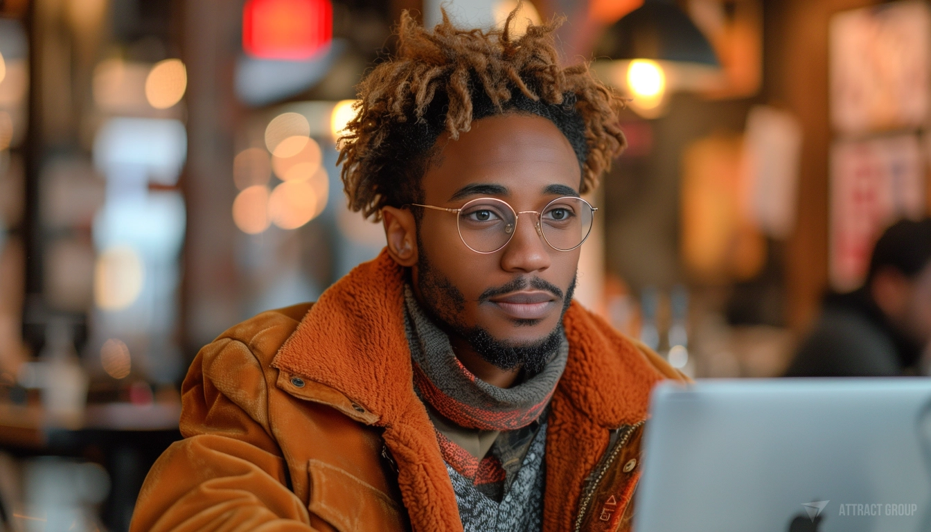 A developer in the glasses and orange coat attending a scrum meeting. Listens carefully.