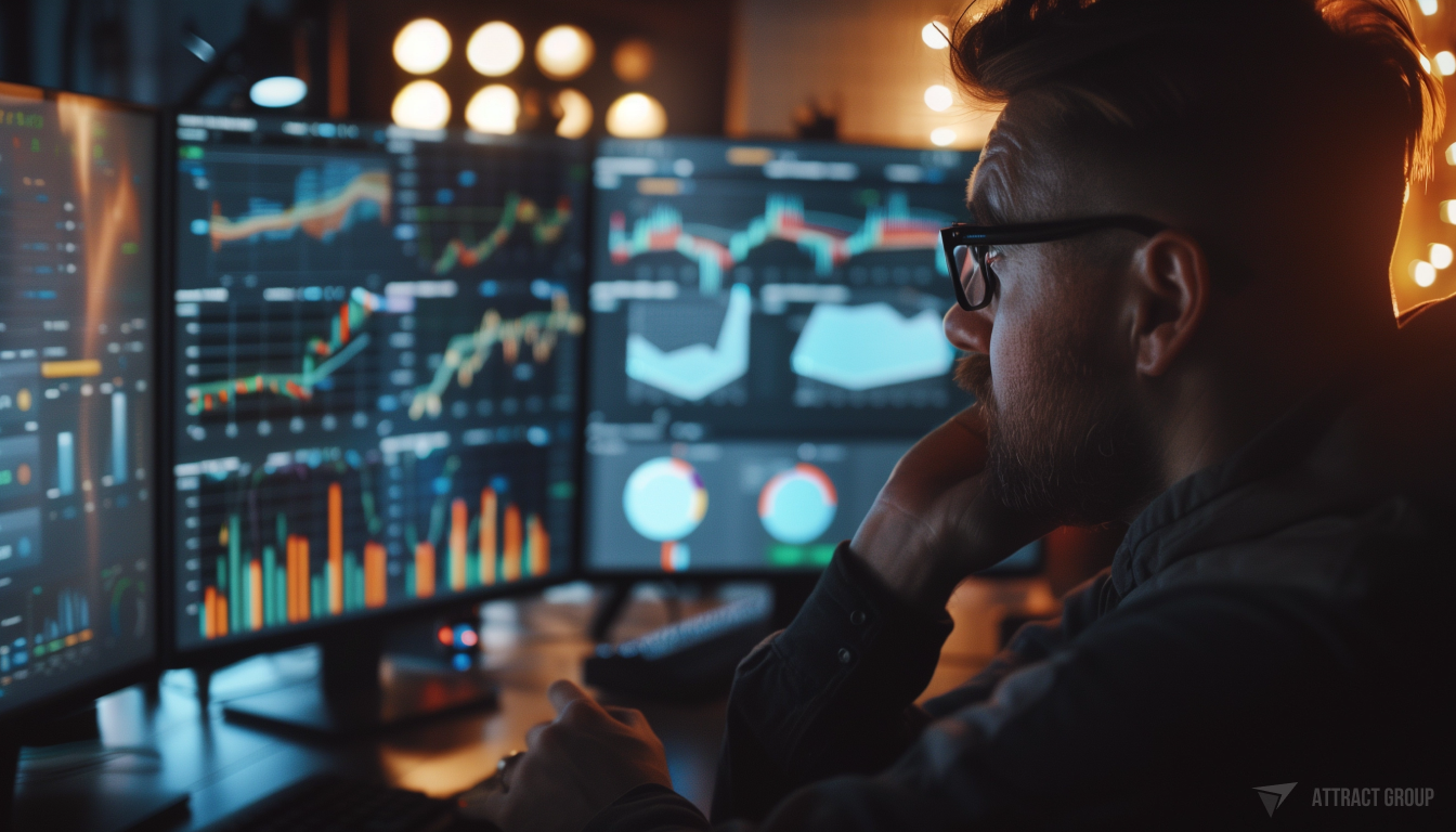Business growth graphics on monitors. A man with glasses watches his growth.