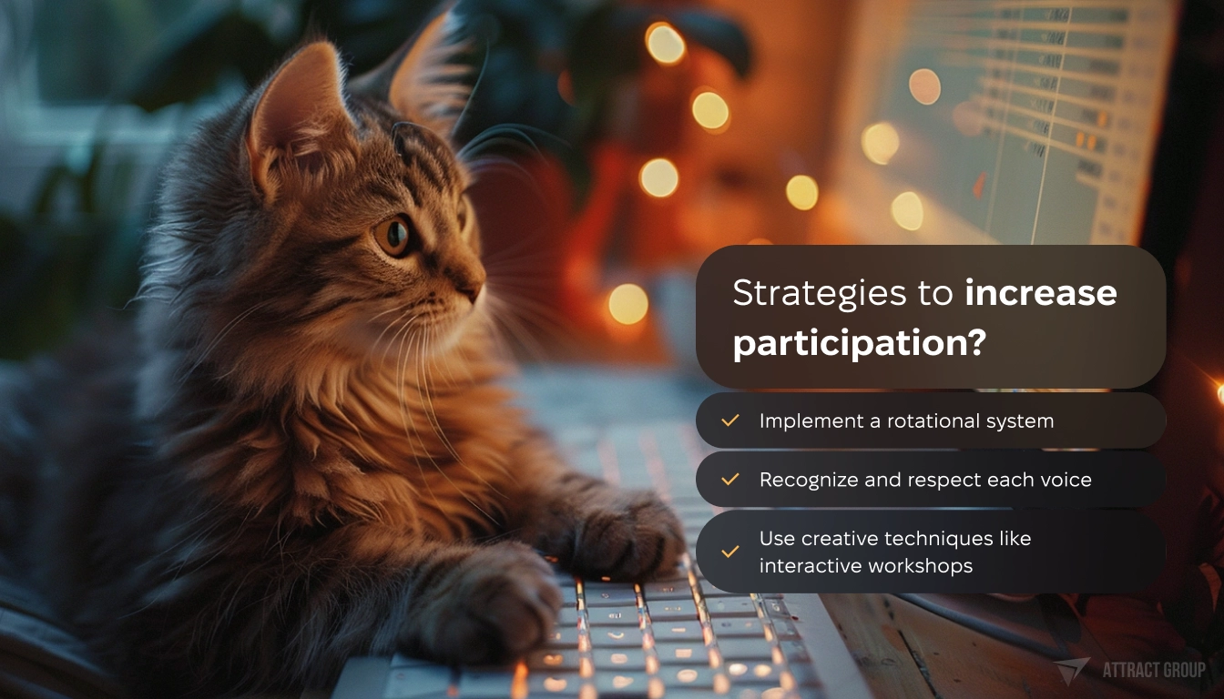 Strategies to increase participation? List of points. The cat next to the computer looks at the monitor with interest on the background.  