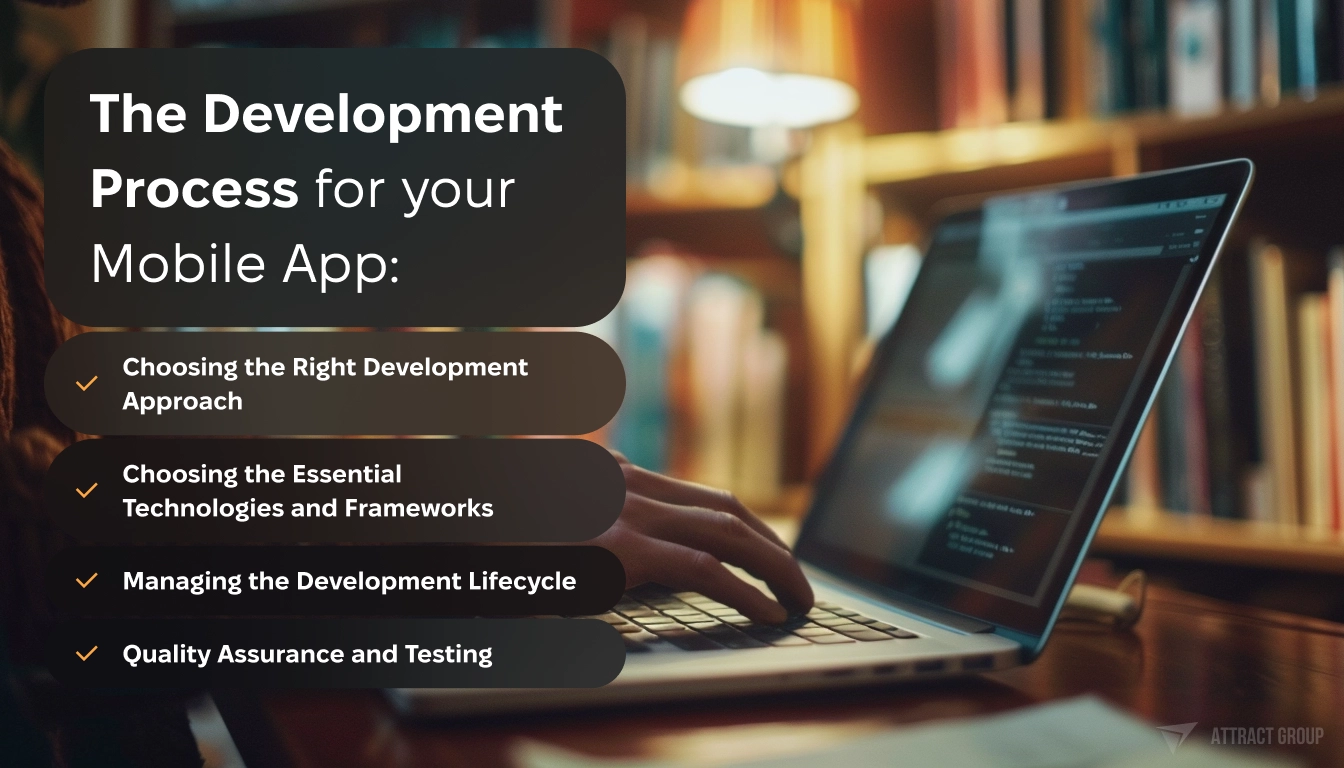 Best Mobile App Development Practices list. Developer with laptop on the background
