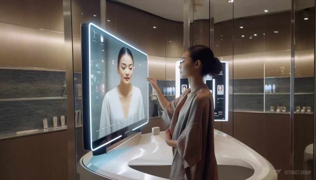 Personalized Retail Loyalty Program in future. Woman with screen.