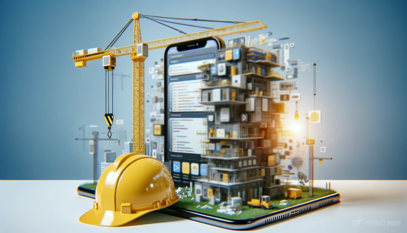 A construction yellow shiny helmet in the foreground, set against the backdrop of a crane building an application
