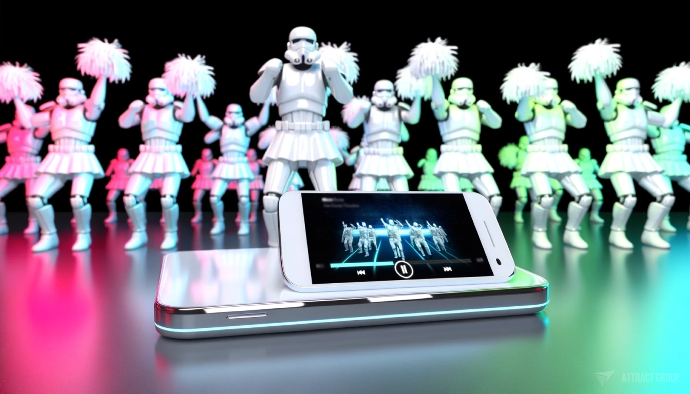 An smartphone displaying a music app with music playing. In the background, figures of the troopers. They are dancing with motion blur.