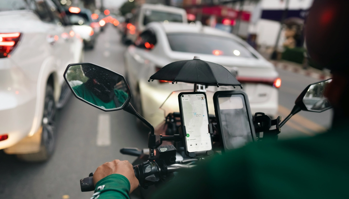 Motorcycle with two smartphones on the steering wheel