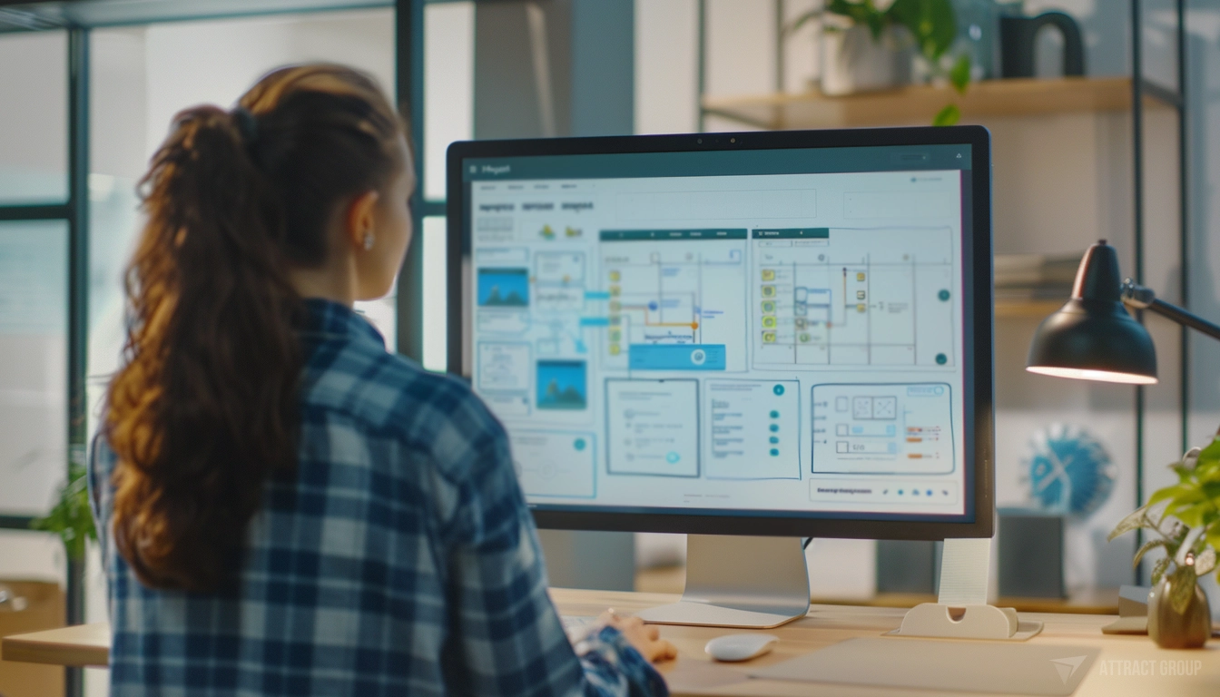 Wireframes on the monitor. UI/UX designer in the modern office.  