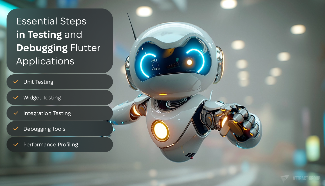 Essential Steps in Testing and Debugging Flutter Applications list. Shiny white robot on the background. 