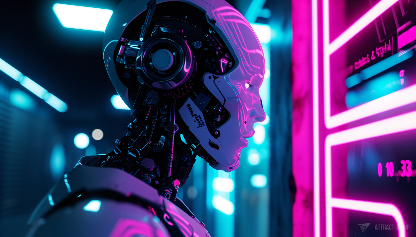 Future Trends and Developments. Futuristic cyborg in the neon lights. 