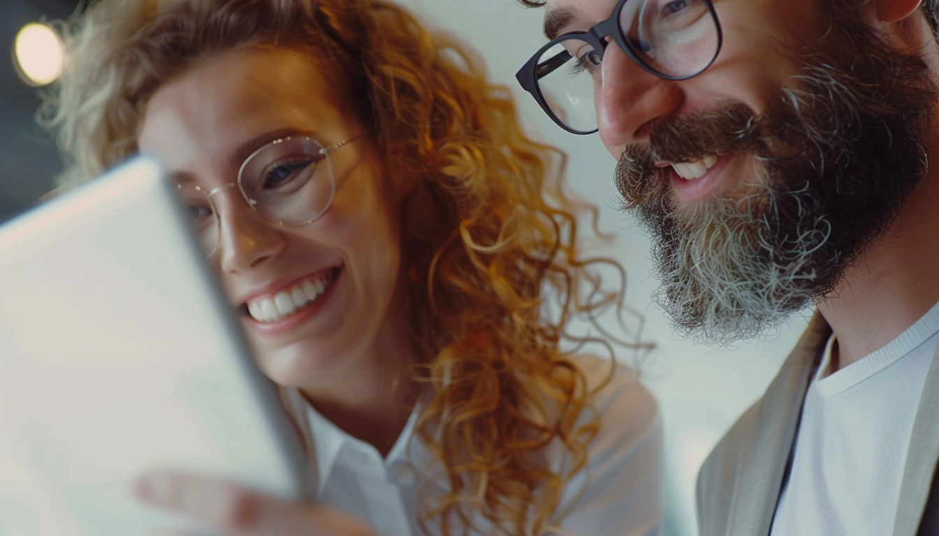 Smiling people with laptop. Future of Flutter in Cross-Platform App Development