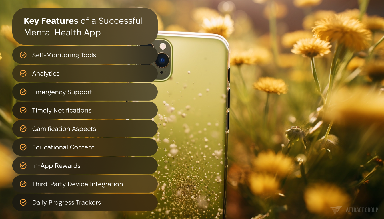 Key Features of a Successful Mental Health App. Sunny meadow with dandelions and smartphone. 