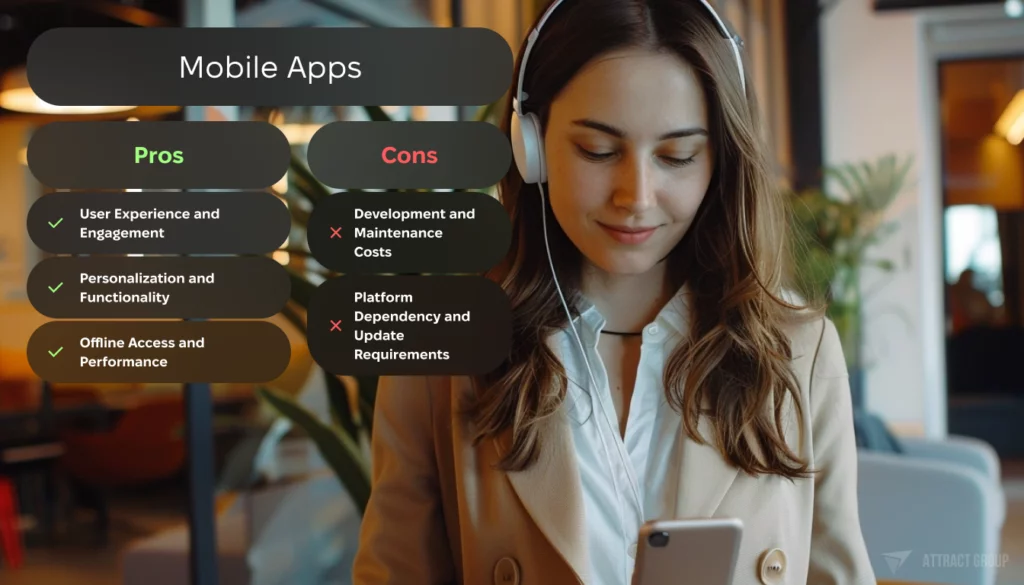 The Pros and Cons of Mobile Apps List. Person with the smartphone and headphones in the background. 