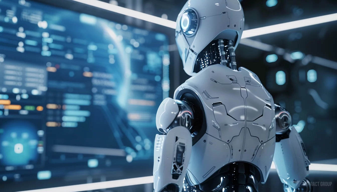 Trends to watch. White shiny cyborg watching on the futuristic tech. 